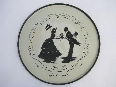 photo of 1940s vintage round metal trays, romantic couple silhouettes litho print #3