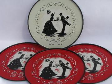 catalog photo of 1940s vintage round metal trays, romantic couple silhouettes litho print