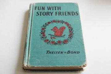 catalog photo of 1940s vintage school book, Story Friends reader old green cover w/ squirrel