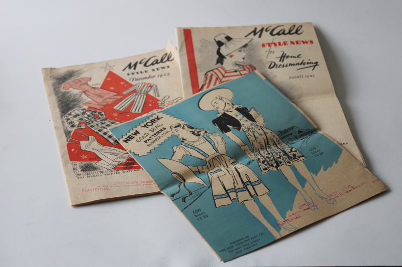 photo of 1940s vintage sewing pattern catalog booklets, fabric counter giveaways McCalls, New York patterns #1