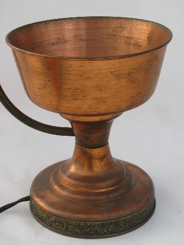 photo of 1940s vintage solid copper banquet lamp for sideboard, fruit centerpiece bowl #3