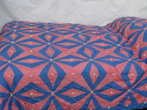 photo of 1940's vintage star pattern patchwork tied quilt comforter, pink & blue #1