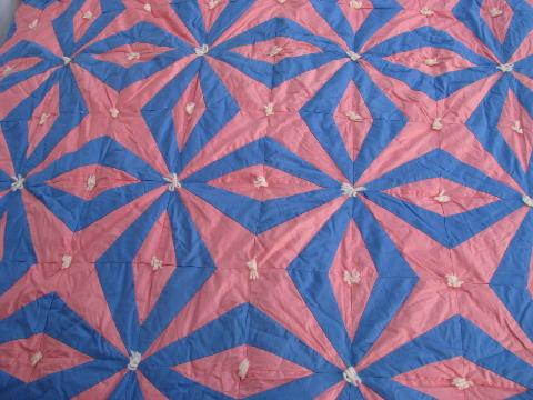 photo of 1940's vintage star pattern patchwork tied quilt comforter, pink & blue #2