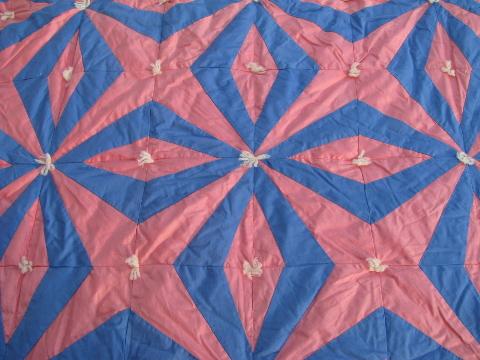 photo of 1940's vintage star pattern patchwork tied quilt comforter, pink & blue #3