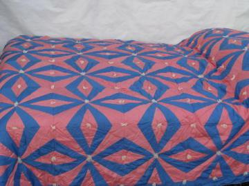 catalog photo of 1940's vintage star pattern patchwork tied quilt comforter, pink & blue