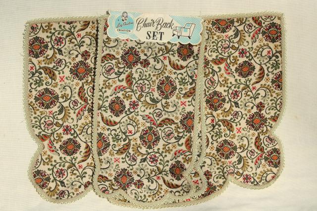 photo of 1940s vintage tapestry print fabric chair set, unused w/ original label #1