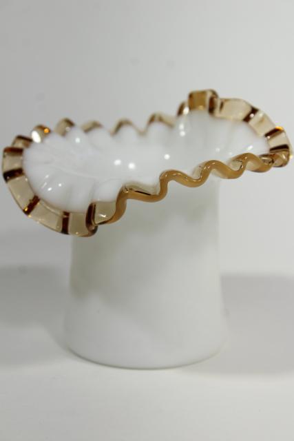 photo of 1940s vintage top hat vase, Gold Crest Fenton milk glass w/ amber trim #1