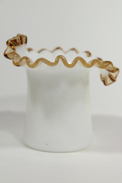 photo of 1940s vintage top hat vase, Gold Crest Fenton milk glass w/ amber trim #5