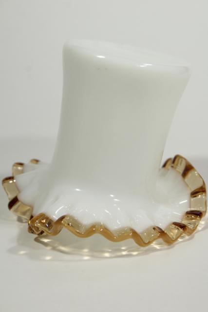 photo of 1940s vintage top hat vase, Gold Crest Fenton milk glass w/ amber trim #8