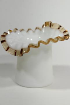 catalog photo of 1940s vintage top hat vase, Gold Crest Fenton milk glass w/ amber trim