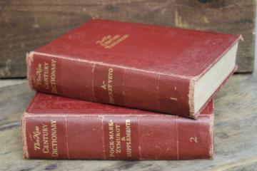 catalog photo of 1940s vintage two volume dictionary, big books w/ old red & gold covers