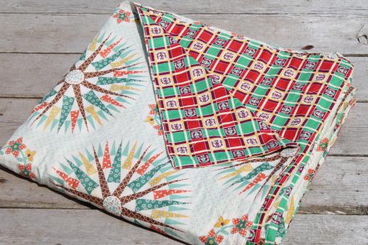 photo of 1940s vintage whole cloth quilt, star patchwork print cotton bedspread in southwest colors #3