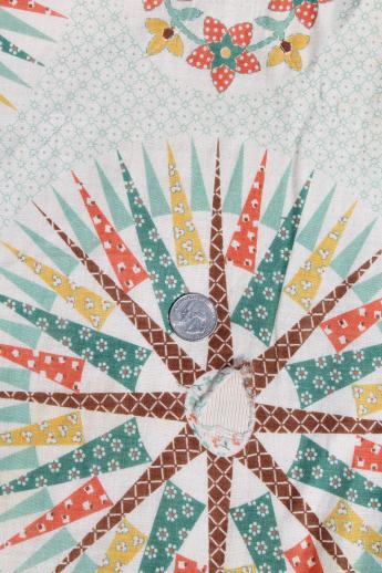 photo of 1940s vintage whole cloth quilt, star patchwork print cotton bedspread in southwest colors #6