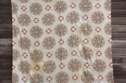 photo of 1940s vintage whole cloth quilt, star patchwork print cotton bedspread in southwest colors #7