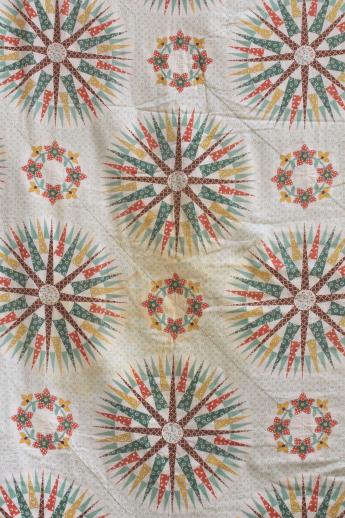 photo of 1940s vintage whole cloth quilt, star patchwork print cotton bedspread in southwest colors #8