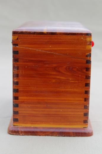 photo of 1940s vintage wood recipe box, cedar chest recipe card file w/ red bakelite handle #5