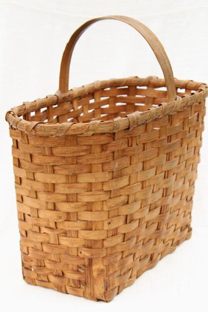 photo of 1940s vintage wood splint market basket, rustic primitive handmade basket #1