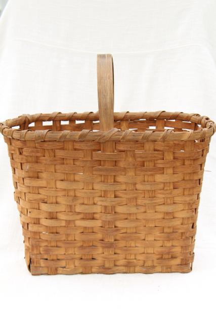 photo of 1940s vintage wood splint market basket, rustic primitive handmade basket #3