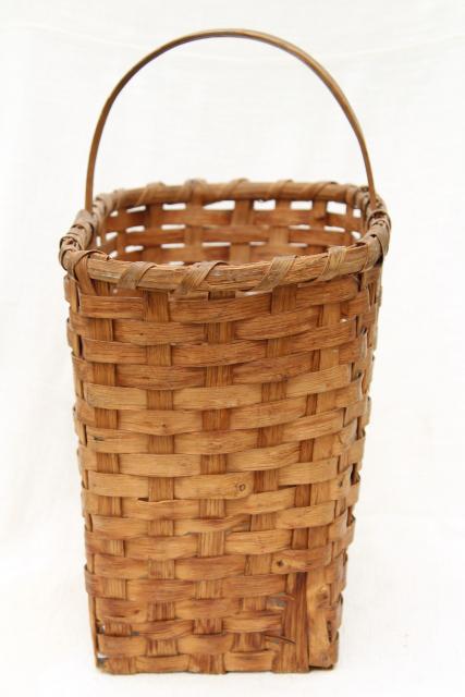 photo of 1940s vintage wood splint market basket, rustic primitive handmade basket #6