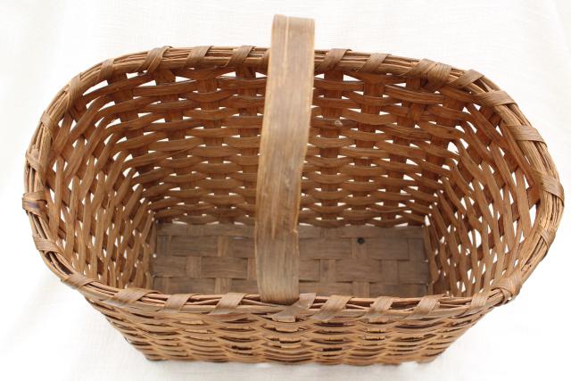 photo of 1940s vintage wood splint market basket, rustic primitive handmade basket #7