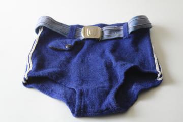 catalog photo of 1940s vintage wool knit swimsuit, Lastex briefs mens swimming trunks w/ brass buckle cotton belt
