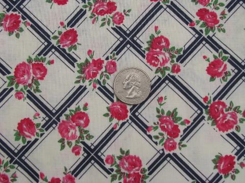 photo of 1940s-50s vintage cotton fabric, pink roses, black trellis on white #1