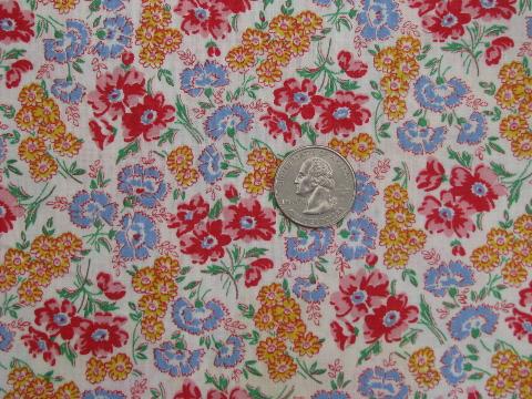 photo of 1940s-50s vintage cotton fabric, red, sky blue, yellow floral print #1