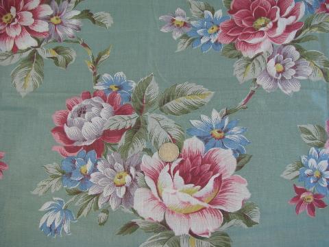 photo of 1940s-50s vintage glazed cotton chintz fabric, pink cabbage rose print on aqua #1