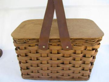 catalog photo of 1940s-50s vintage picnic basket, hamper w/ soft faux leather handles