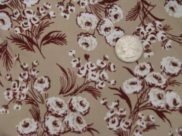 catalog photo of 1940s-50s vintage print rayon silky fabric, ivory floral on tan