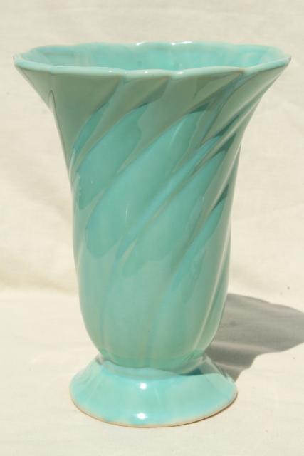 photo of 1950s 1960s vintage aqua turquoise pottery vase, mid-century mod swirl shape #1