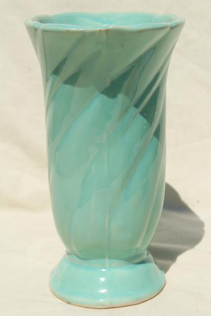 photo of 1950s 1960s vintage aqua turquoise pottery vase, mid-century mod swirl shape #2