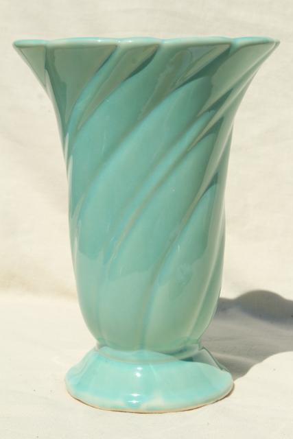 photo of 1950s 1960s vintage aqua turquoise pottery vase, mid-century mod swirl shape #3