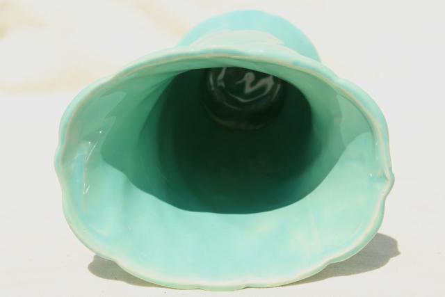 photo of 1950s 1960s vintage aqua turquoise pottery vase, mid-century mod swirl shape #4