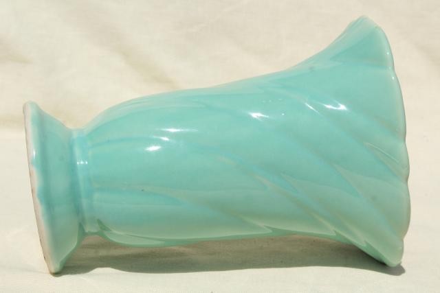 photo of 1950s 1960s vintage aqua turquoise pottery vase, mid-century mod swirl shape #5