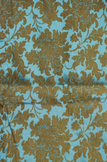 photo of 1950s - 60s vintage brocade upholstery fabric, aqua blue w/ moss green #1