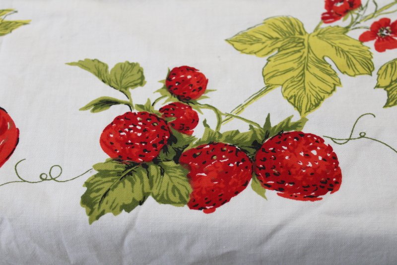 photo of 1950s 60s vintage cotton print kitchen tablecloth, red fruit w/ olive green vines #3