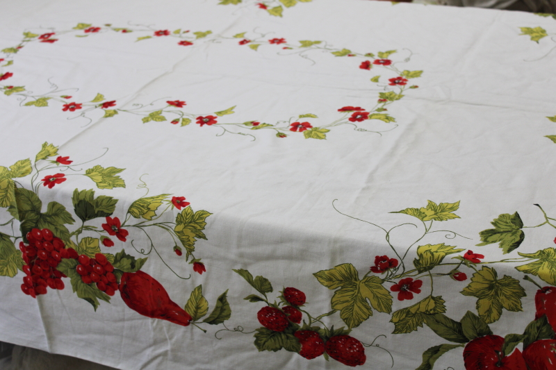 photo of 1950s 60s vintage cotton print kitchen tablecloth, red fruit w/ olive green vines #5