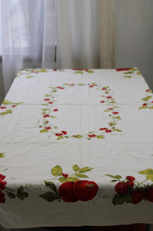 photo of 1950s 60s vintage cotton print kitchen tablecloth, red fruit w/ olive green vines #6