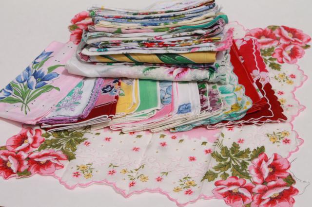 photo of 1950s 60s vintage flowered hankies, cotton print handkerchiefs, pretty printed florals #1