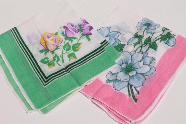 photo of 1950s 60s vintage flowered hankies, cotton print handkerchiefs, pretty printed florals #3