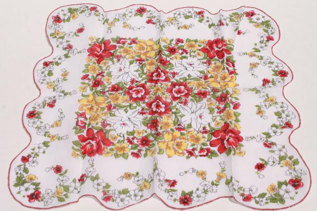 photo of 1950s 60s vintage flowered hankies, cotton print handkerchiefs, pretty printed florals #6