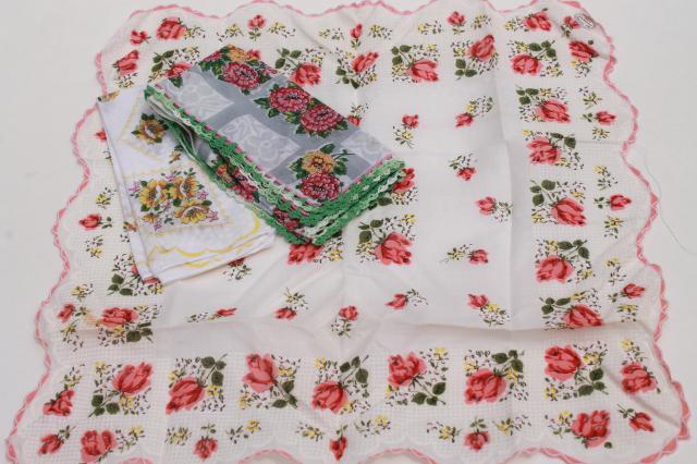 photo of 1950s 60s vintage flowered hankies, cotton print handkerchiefs, pretty printed florals #11