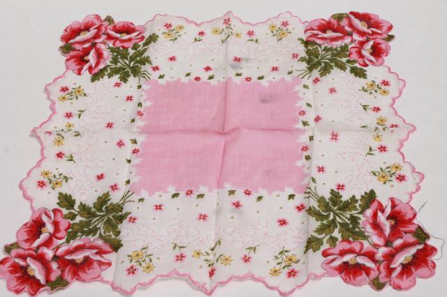 photo of 1950s 60s vintage flowered hankies, cotton print handkerchiefs, pretty printed florals #12