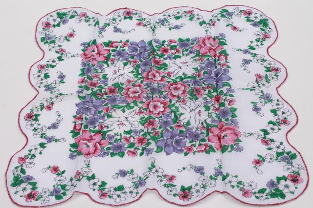 photo of 1950s 60s vintage flowered hankies, cotton print handkerchiefs, pretty printed florals #16