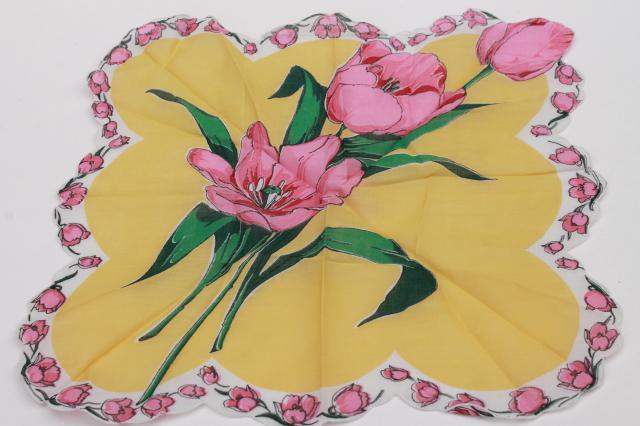 photo of 1950s 60s vintage flowered hankies, cotton print handkerchiefs, pretty printed florals #17