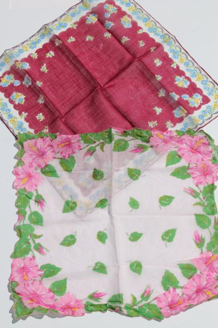 photo of 1950s 60s vintage flowered hankies, printed cotton handkerchiefs in rose print hanky box #4