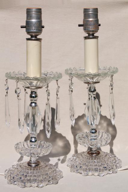 photo of 1950s 60s vintage glass boudoir lamps w/ crystal prisms, vanity table or dresser lamp set #1