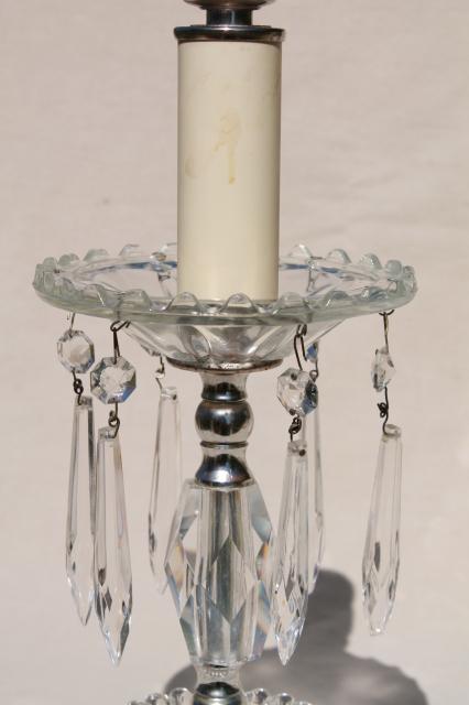 photo of 1950s 60s vintage glass boudoir lamps w/ crystal prisms, vanity table or dresser lamp set #7