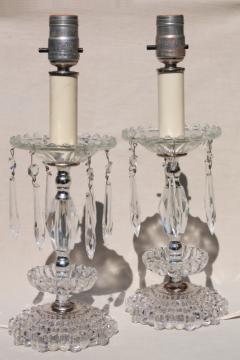 catalog photo of 1950s 60s vintage glass boudoir lamps w/ crystal prisms, vanity table or dresser lamp set